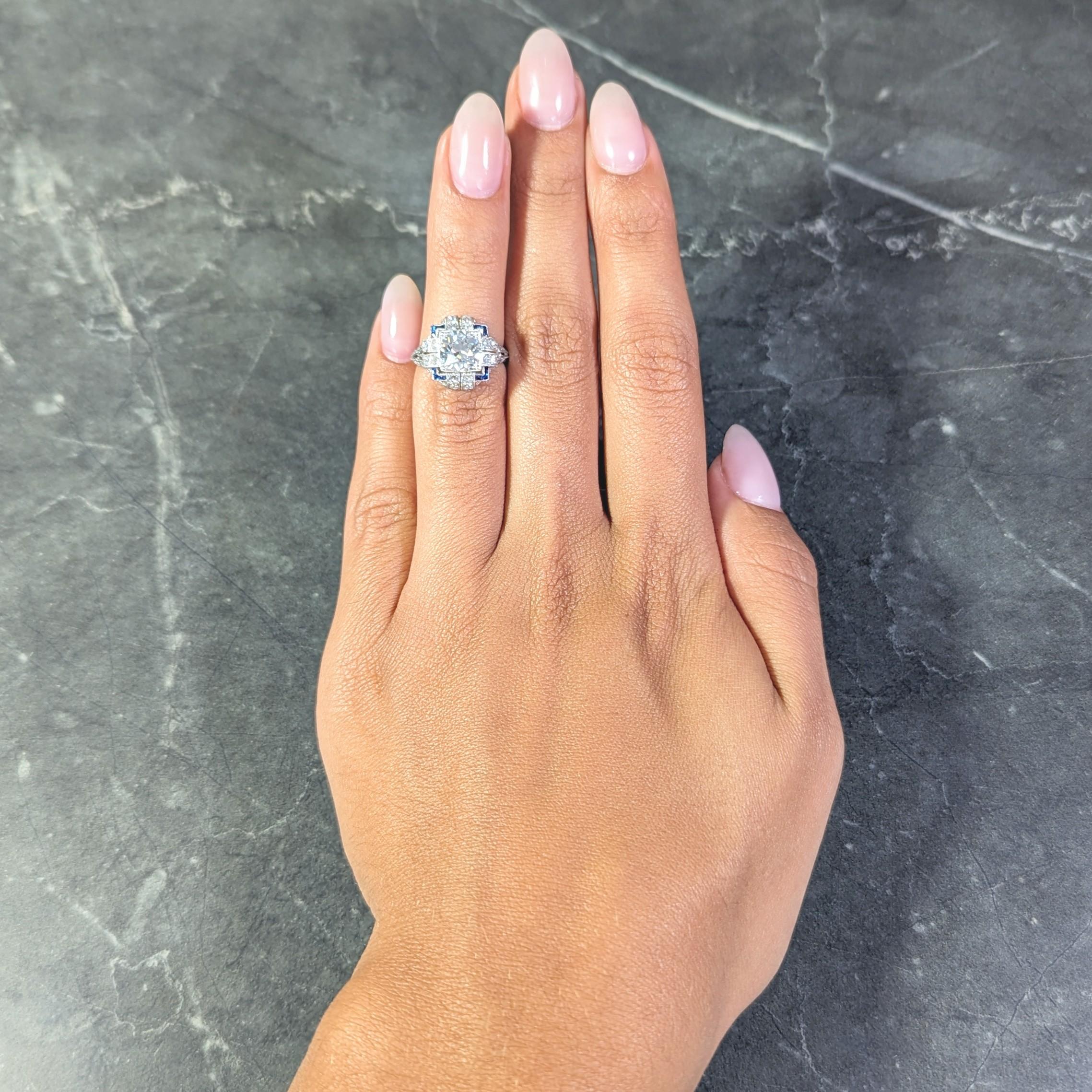 Art Deco 2.35 CTW Diamond Sapphire Platinum Foliate Quatrefoil Engagement Ring For Sale 11