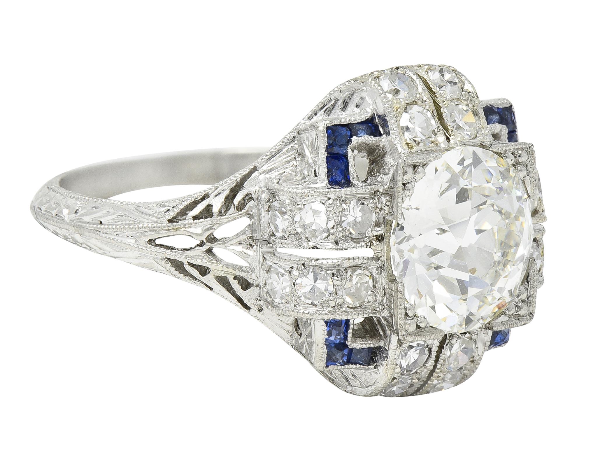 Old European Cut Art Deco 2.35 CTW Diamond Sapphire Platinum Foliate Quatrefoil Engagement Ring For Sale