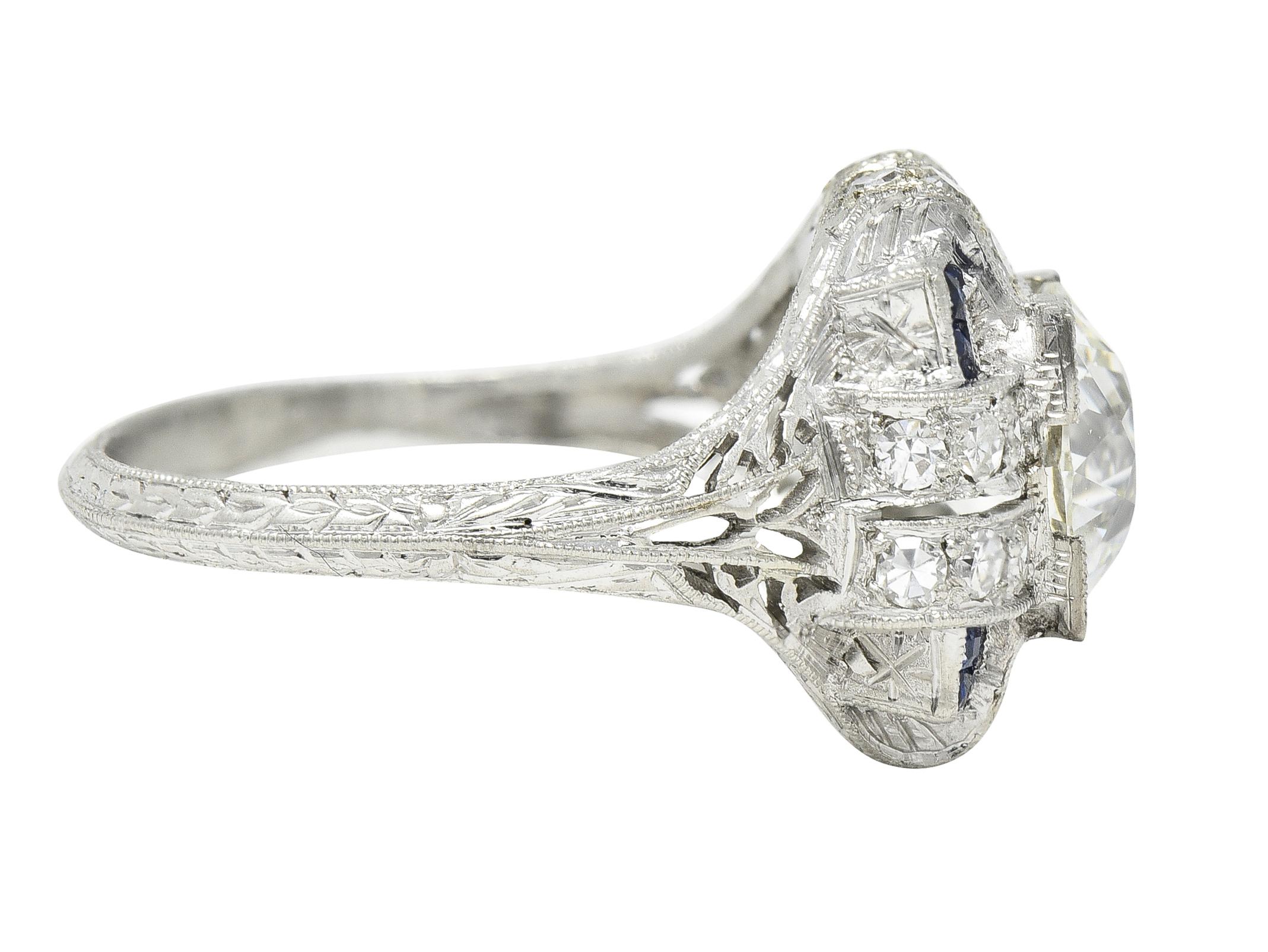 Art Deco 2.35 CTW Diamond Sapphire Platinum Foliate Quatrefoil Engagement Ring In Excellent Condition For Sale In Philadelphia, PA