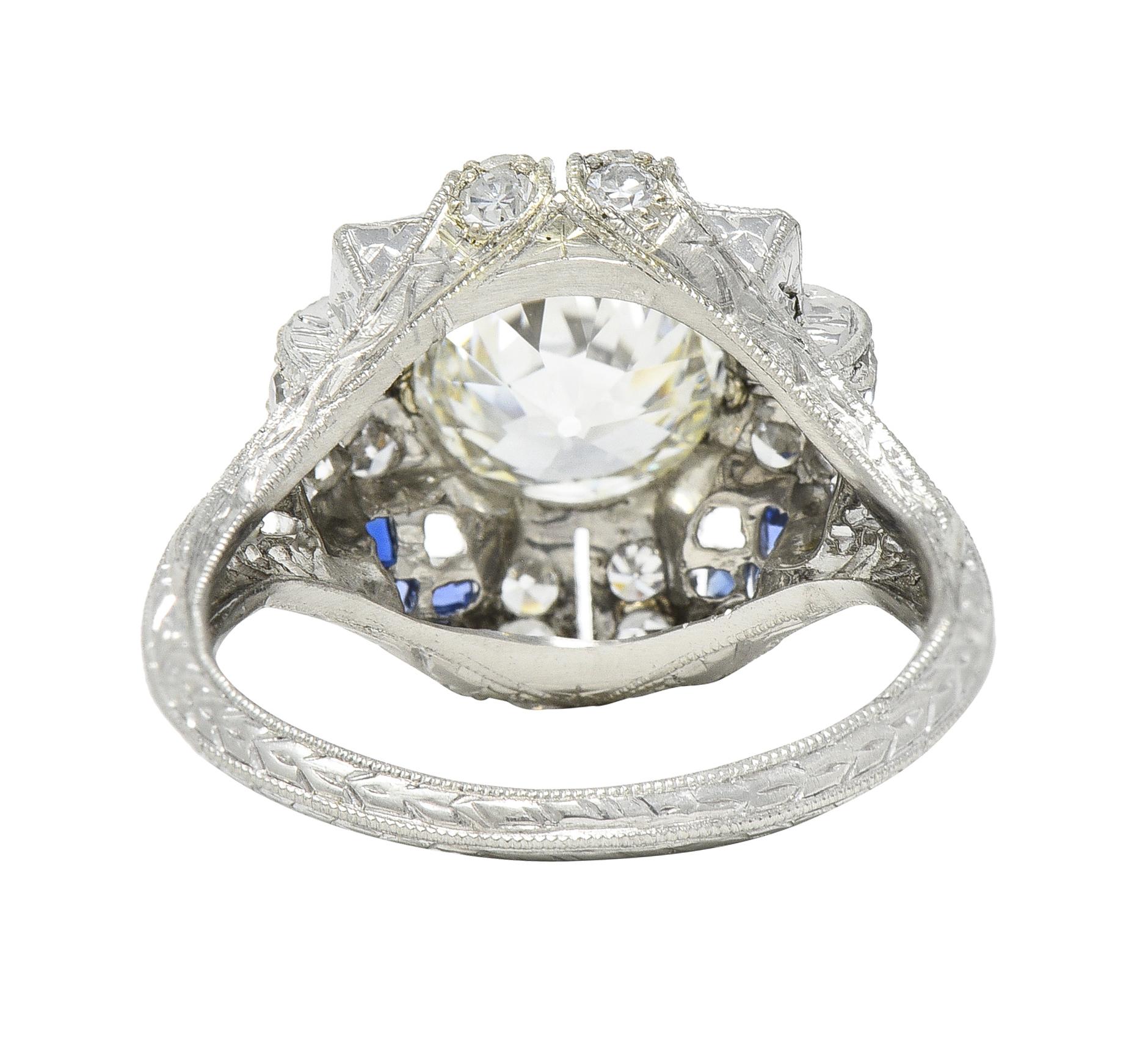 Women's or Men's Art Deco 2.35 CTW Diamond Sapphire Platinum Foliate Quatrefoil Engagement Ring For Sale