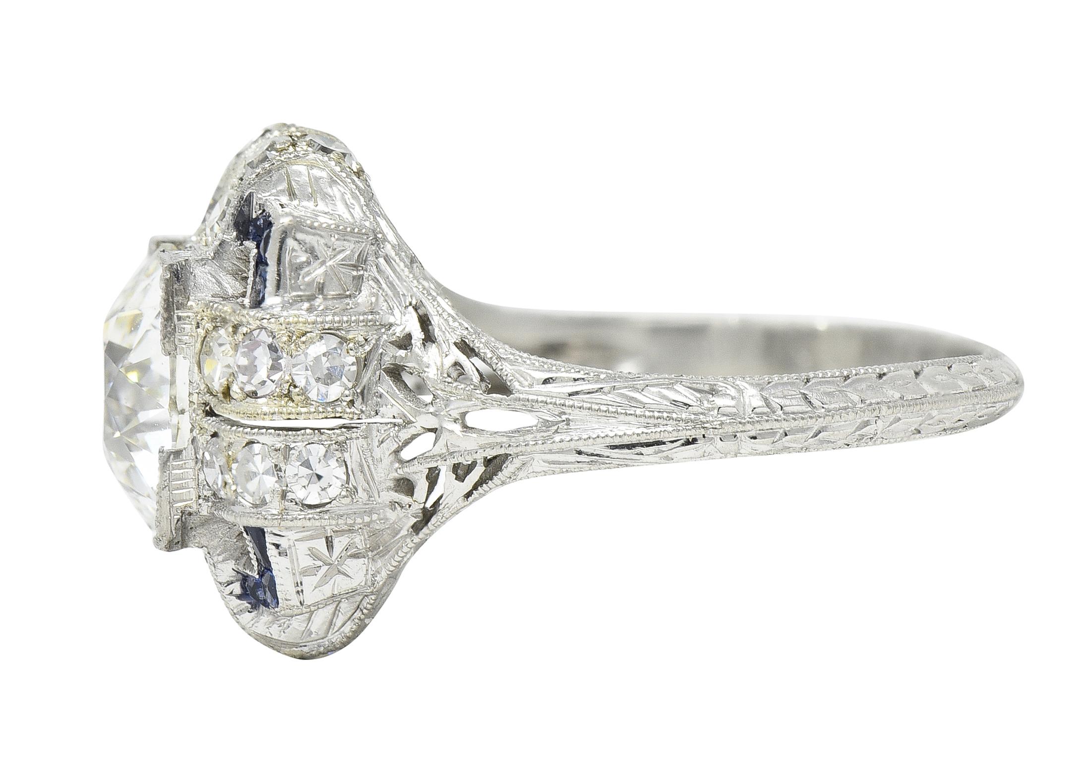 Art Deco 2.35 CTW Diamond Sapphire Platinum Foliate Quatrefoil Engagement Ring For Sale 1