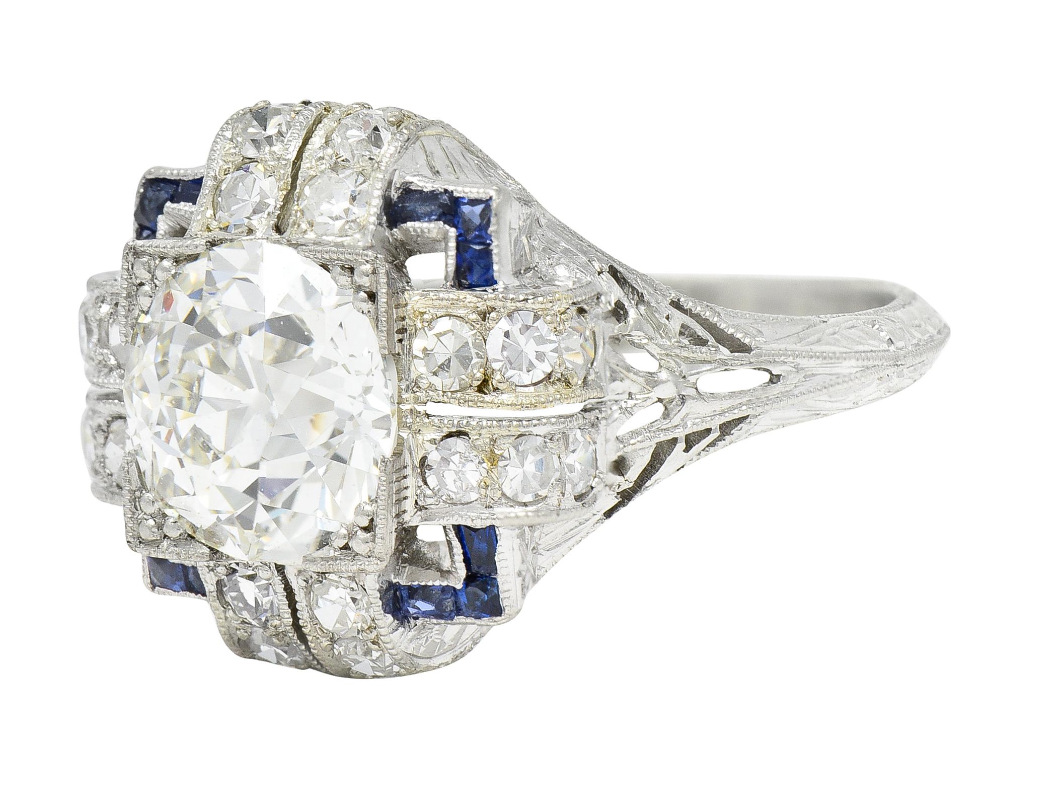 Art Deco 2.35 CTW Diamond Sapphire Platinum Foliate Quatrefoil Engagement Ring For Sale 2