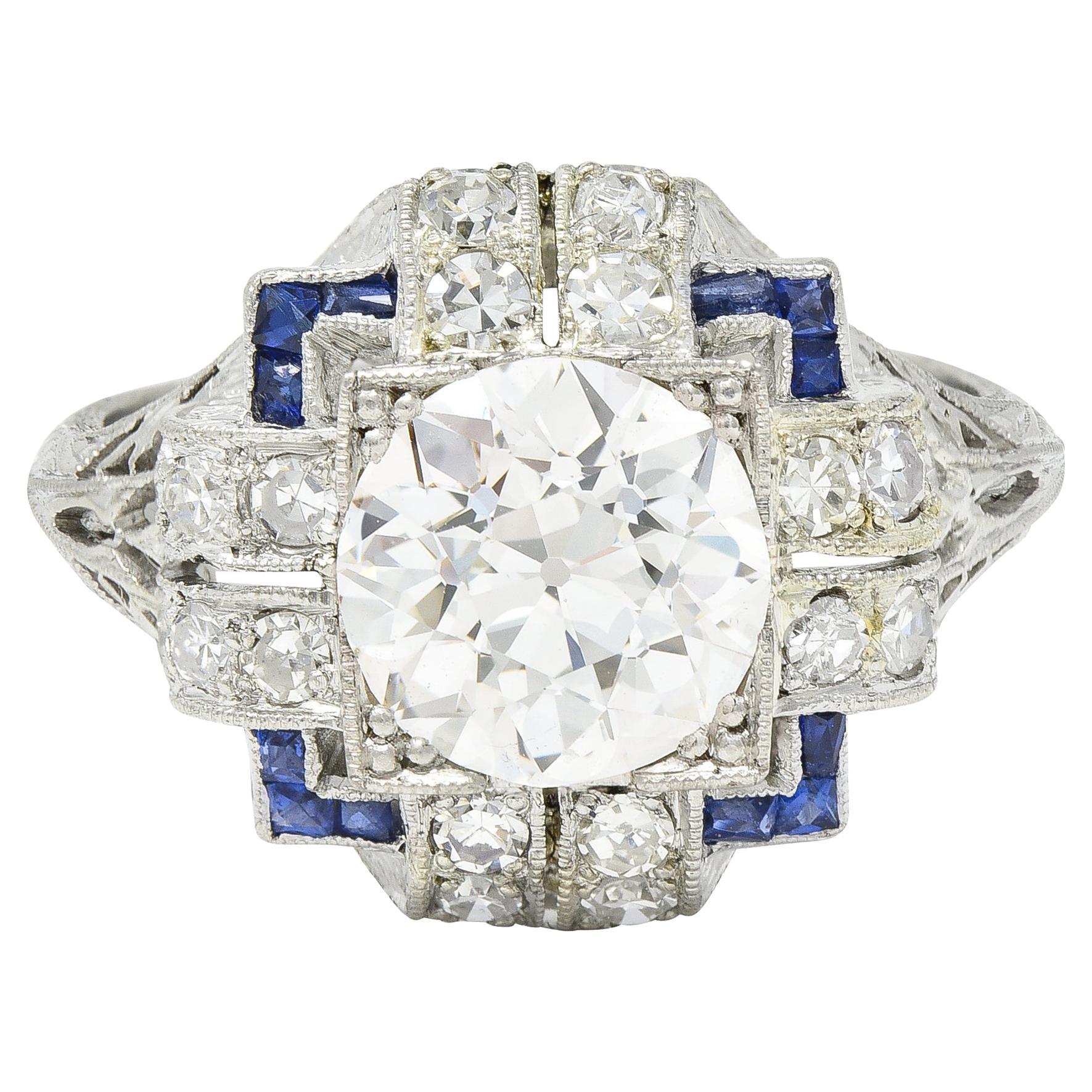 Art Deco 2.35 CTW Diamond Sapphire Platinum Foliate Quatrefoil Engagement Ring For Sale