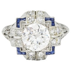 Art Deco 2.35 CTW Diamond Sapphire Platinum Foliate Quatrefoil Engagement Ring