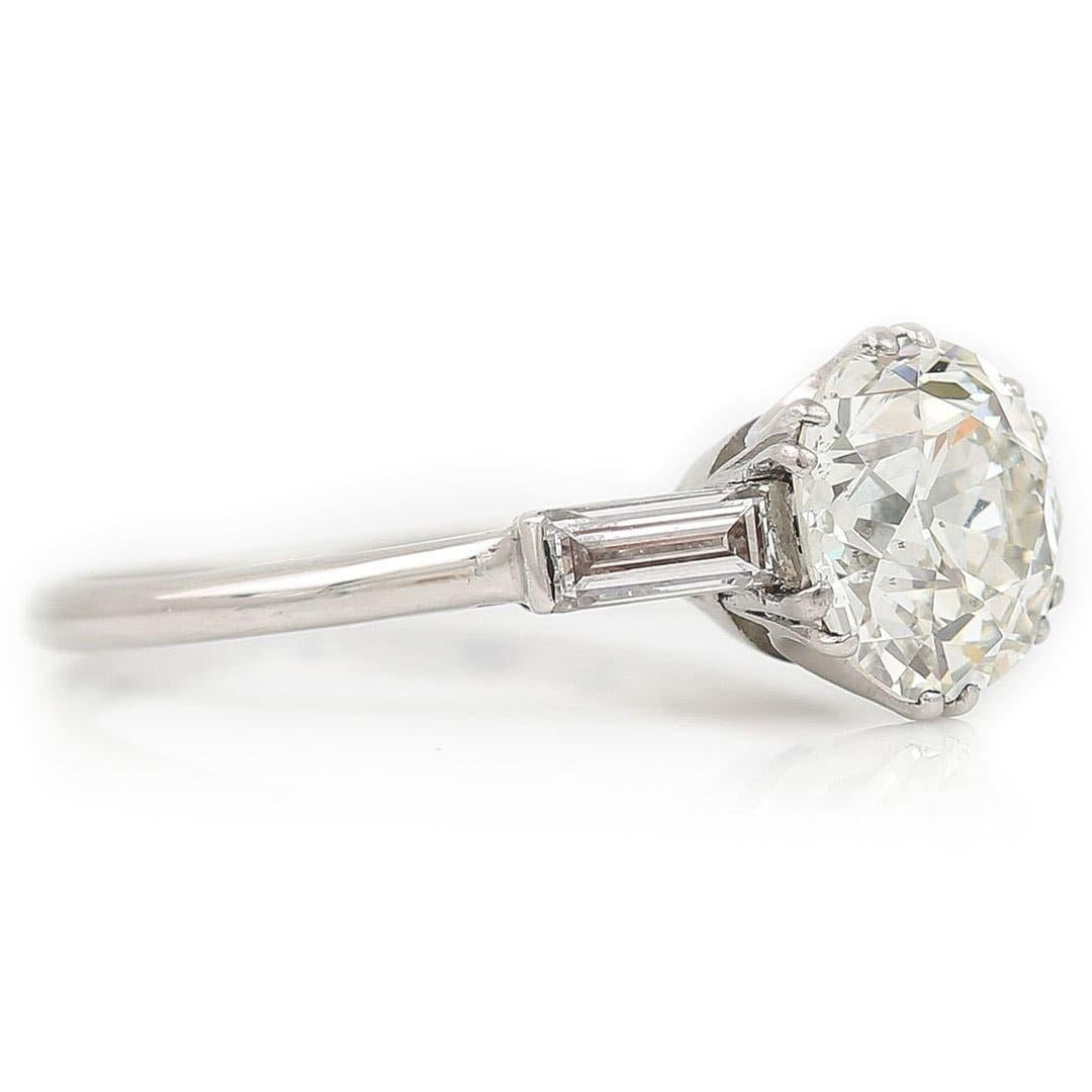 Women's Art Deco 2.35ct Old European and Baguette Cut Diamond Engagement Ring Circa 1946 For Sale