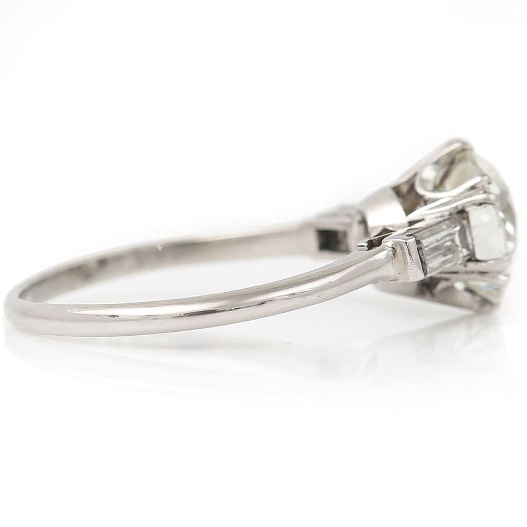 Art Deco 2.35ct Old European and Baguette Cut Diamond Engagement Ring Circa 1946 For Sale 1