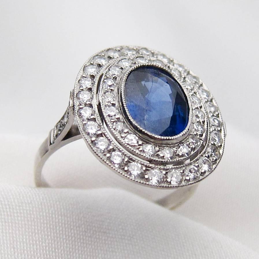 Art Deco 2.36 Carat Natural Blue Sapphire Double Diamond Platinum Halo Ring In Excellent Condition For Sale In Seattle, WA