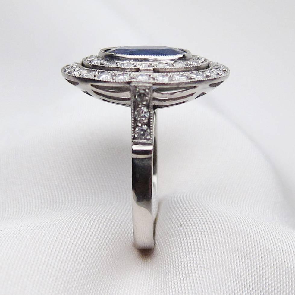 Women's Art Deco 2.36 Carat Natural Blue Sapphire Double Diamond Platinum Halo Ring For Sale