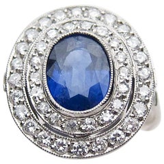 Art Deco 2.36 Carat Natural Blue Sapphire Double Diamond Platinum Halo Ring