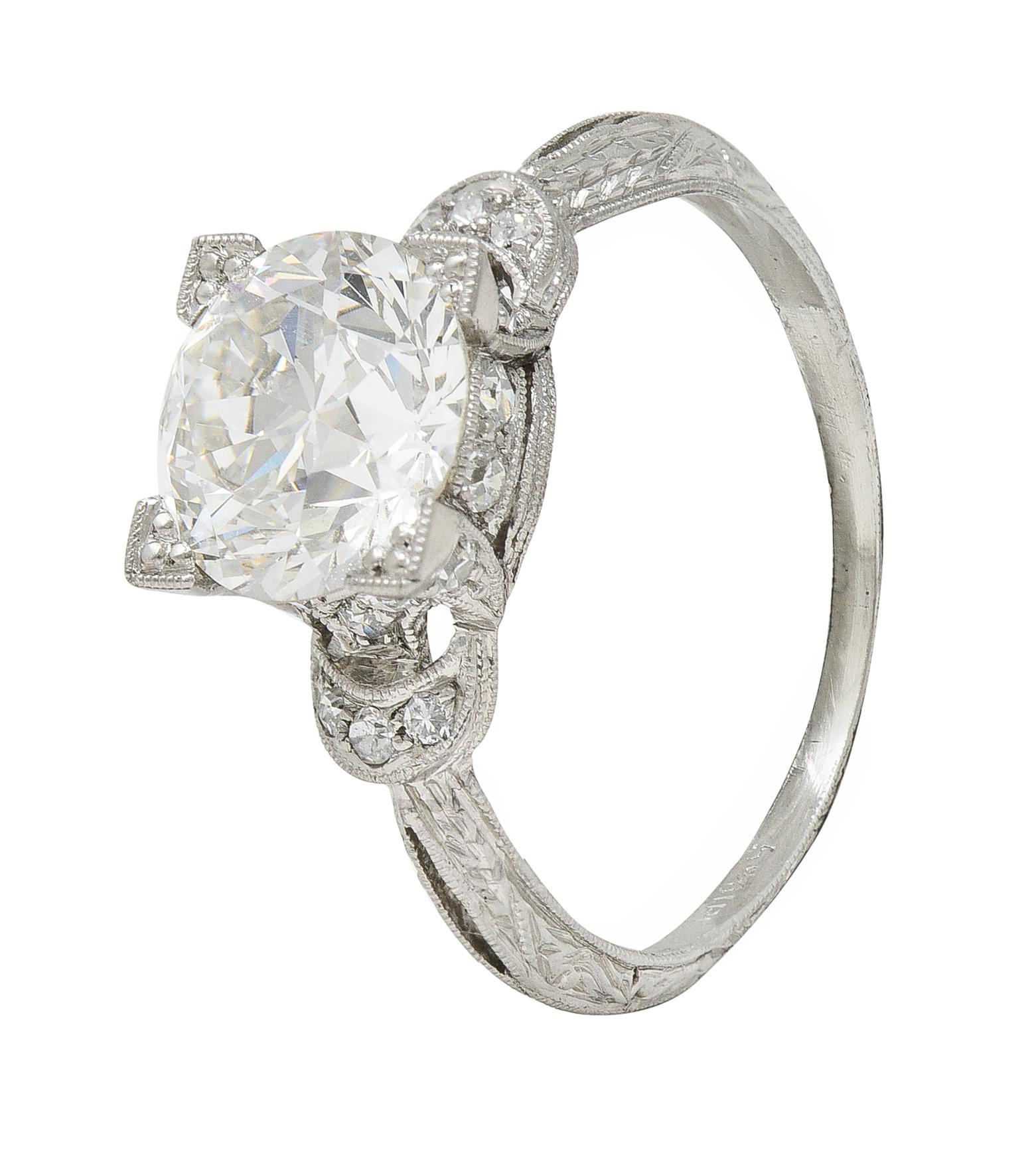 Art Deco 2.36 CTW Old European Diamond Platinum Wheat Vintage Engagement Ring For Sale 5