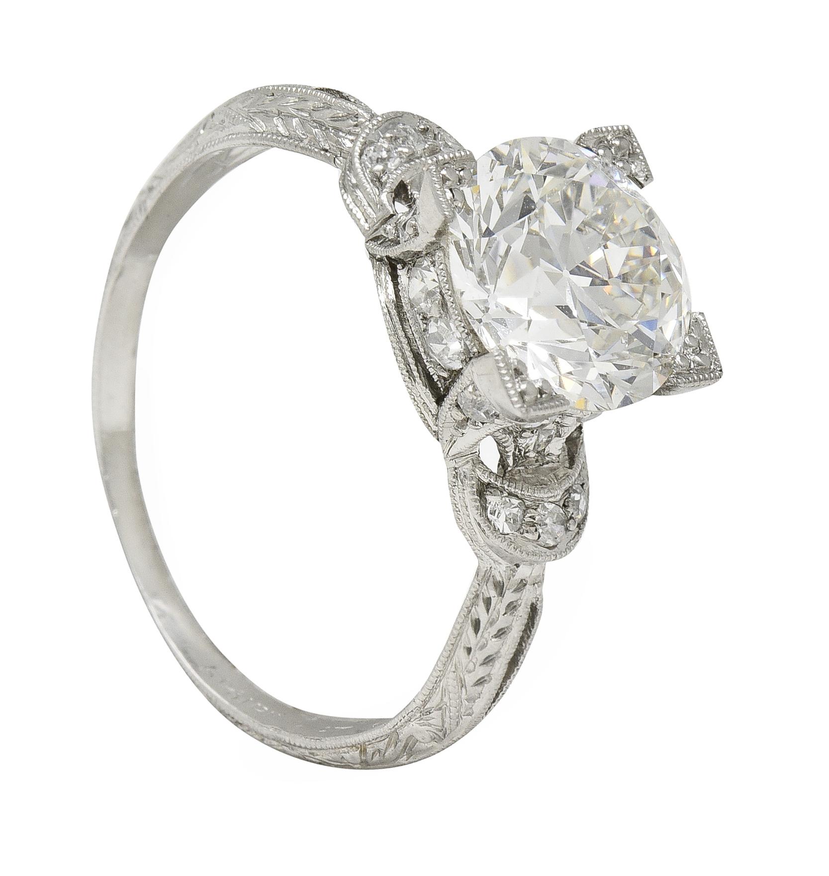 Art Deco 2.36 CTW Old European Diamond Platinum Wheat Vintage Engagement Ring For Sale 6