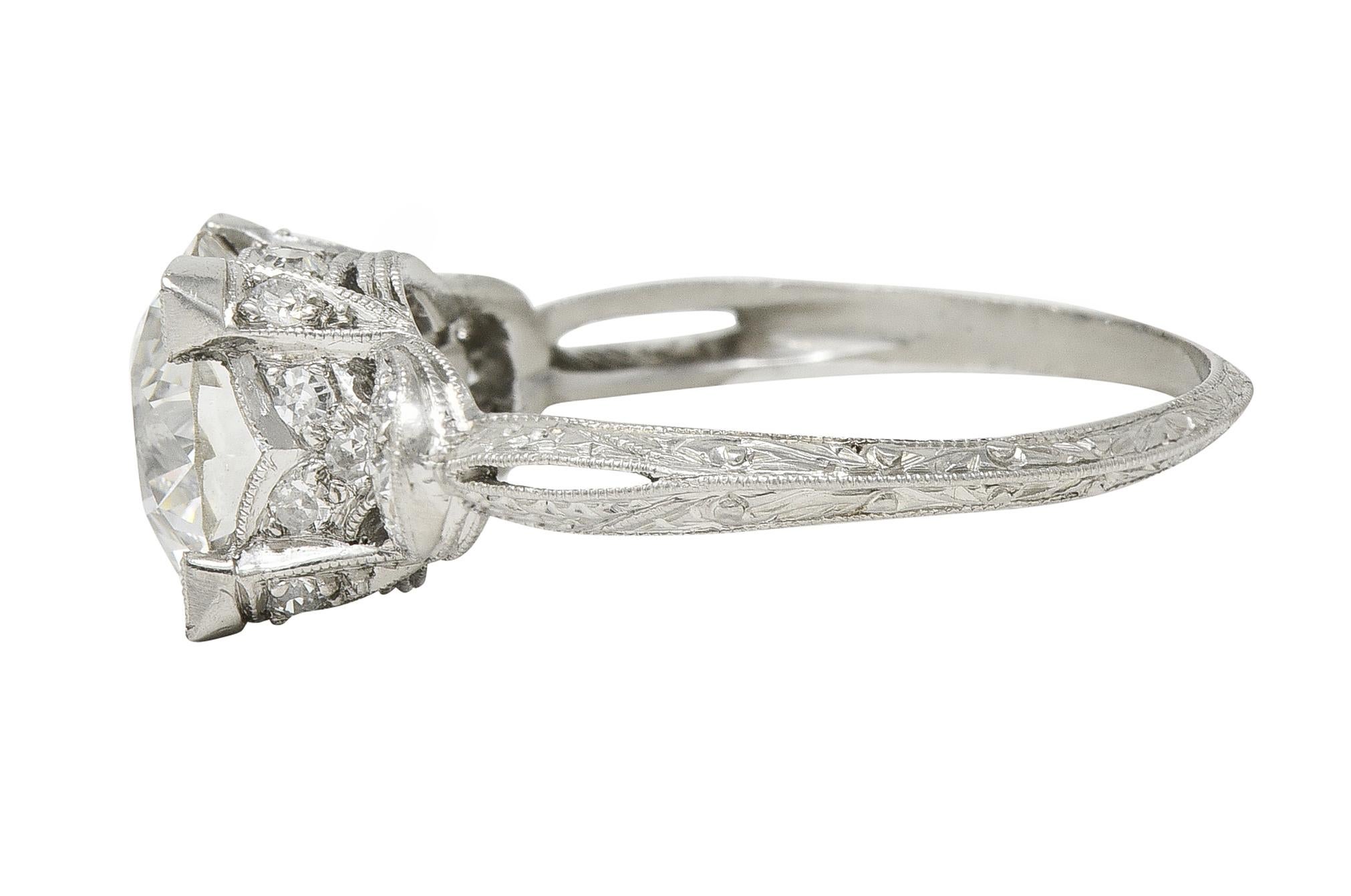 Art Deco 2.36 CTW Old European Diamond Platinum Wheat Vintage Engagement Ring In Excellent Condition For Sale In Philadelphia, PA