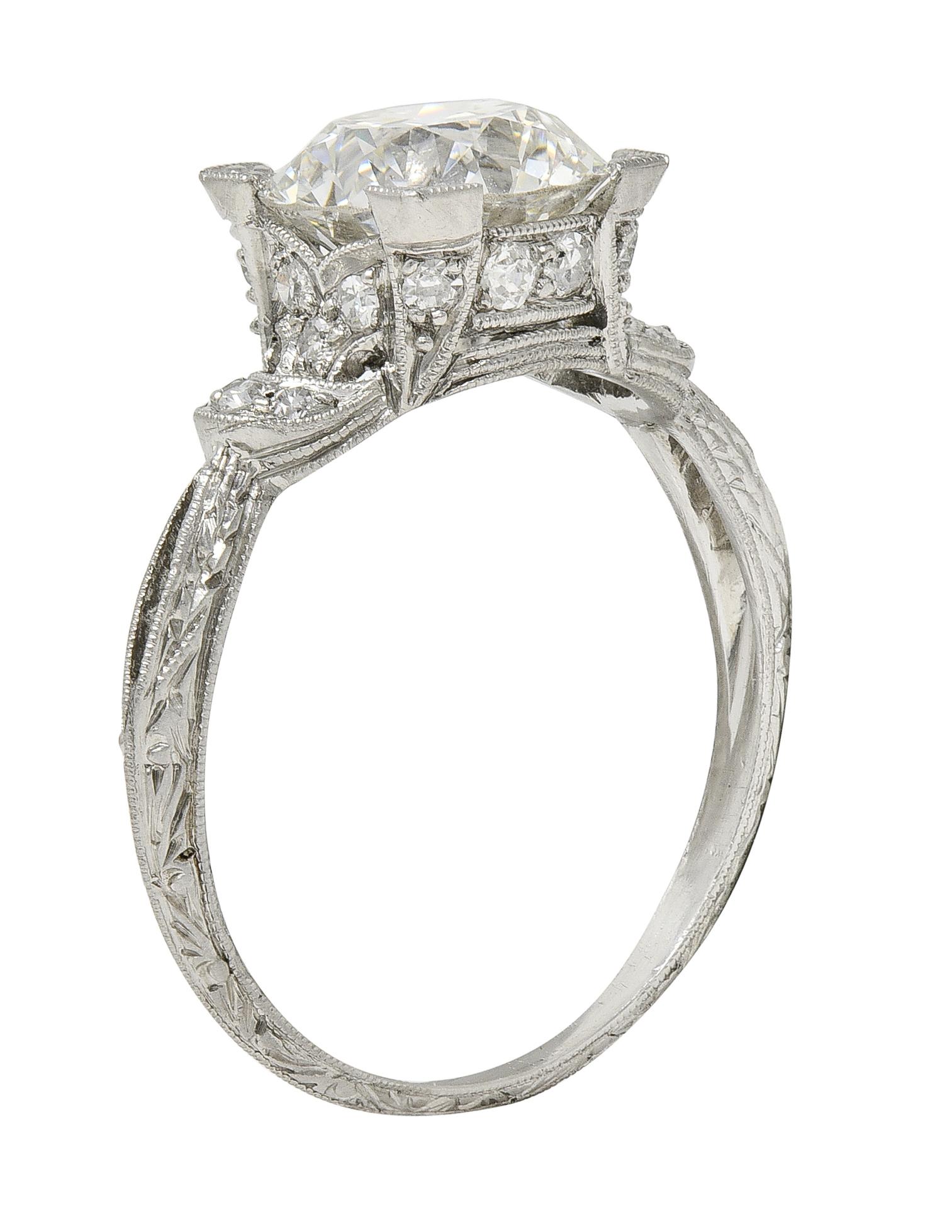 Art Deco 2.36 CTW Old European Diamond Platinum Wheat Vintage Engagement Ring For Sale 3