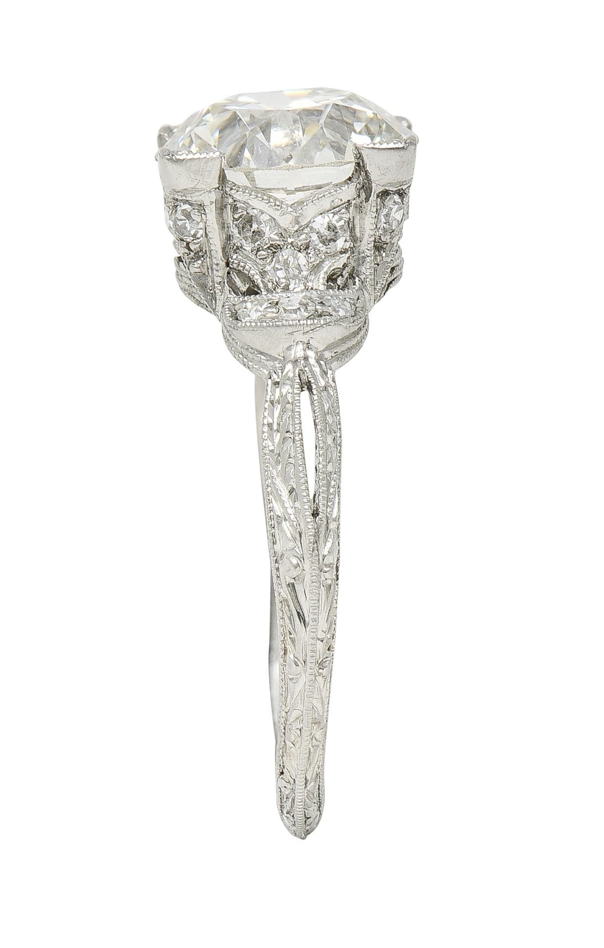 Art Deco 2.36 CTW Old European Diamond Platinum Wheat Vintage Engagement Ring For Sale 4
