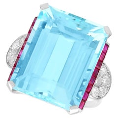 Art Deco 23.75 Carat Aquamarine Ruby and Diamond Cocktail Ring