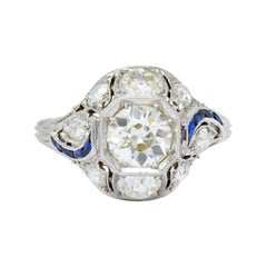 Vintage Art Deco 2.38 Carat Diamond Sapphire Platinum Dinner Engagement Ring