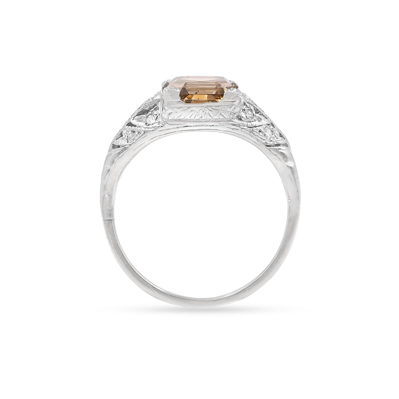 Art Deco 2.38 Ct. Fancy Brownish Yellow Asscher Cut Diamond Engagement Ring In Excellent Condition For Sale In Los Angeles, CA