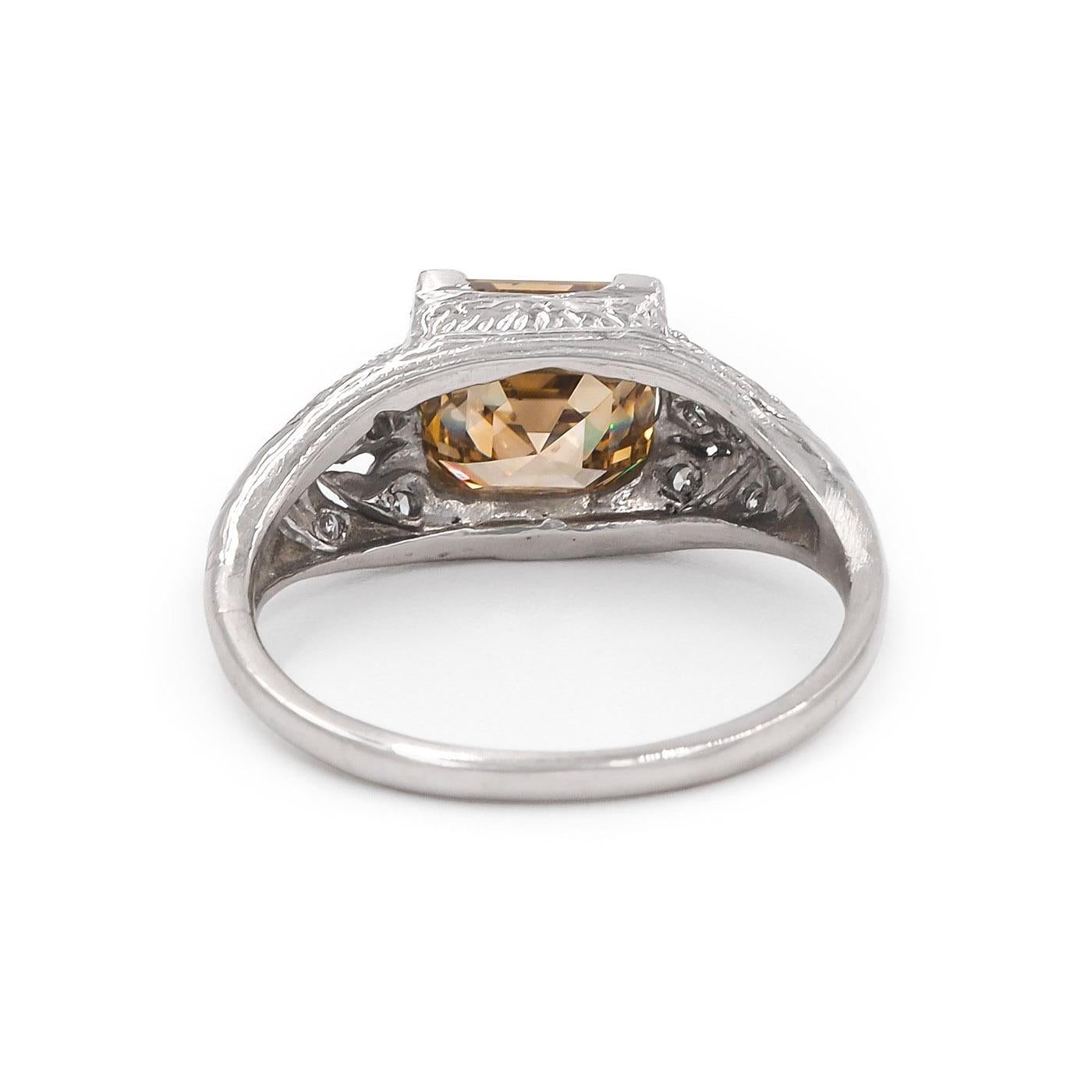 Women's Art Deco 2.38 Ct. Fancy Brownish Yellow Asscher Cut Diamond Engagement Ring For Sale