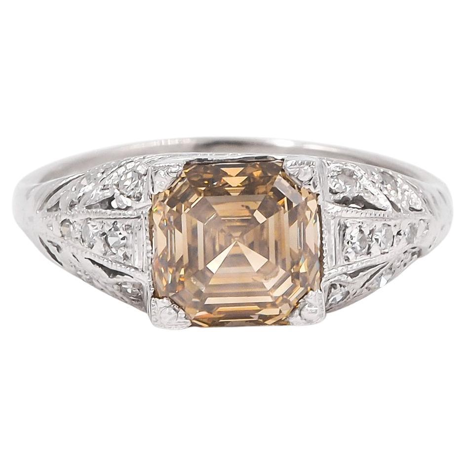 Art Deco 2.38 Ct. Fancy Brownish Yellow Asscher Cut Diamond Engagement Ring For Sale
