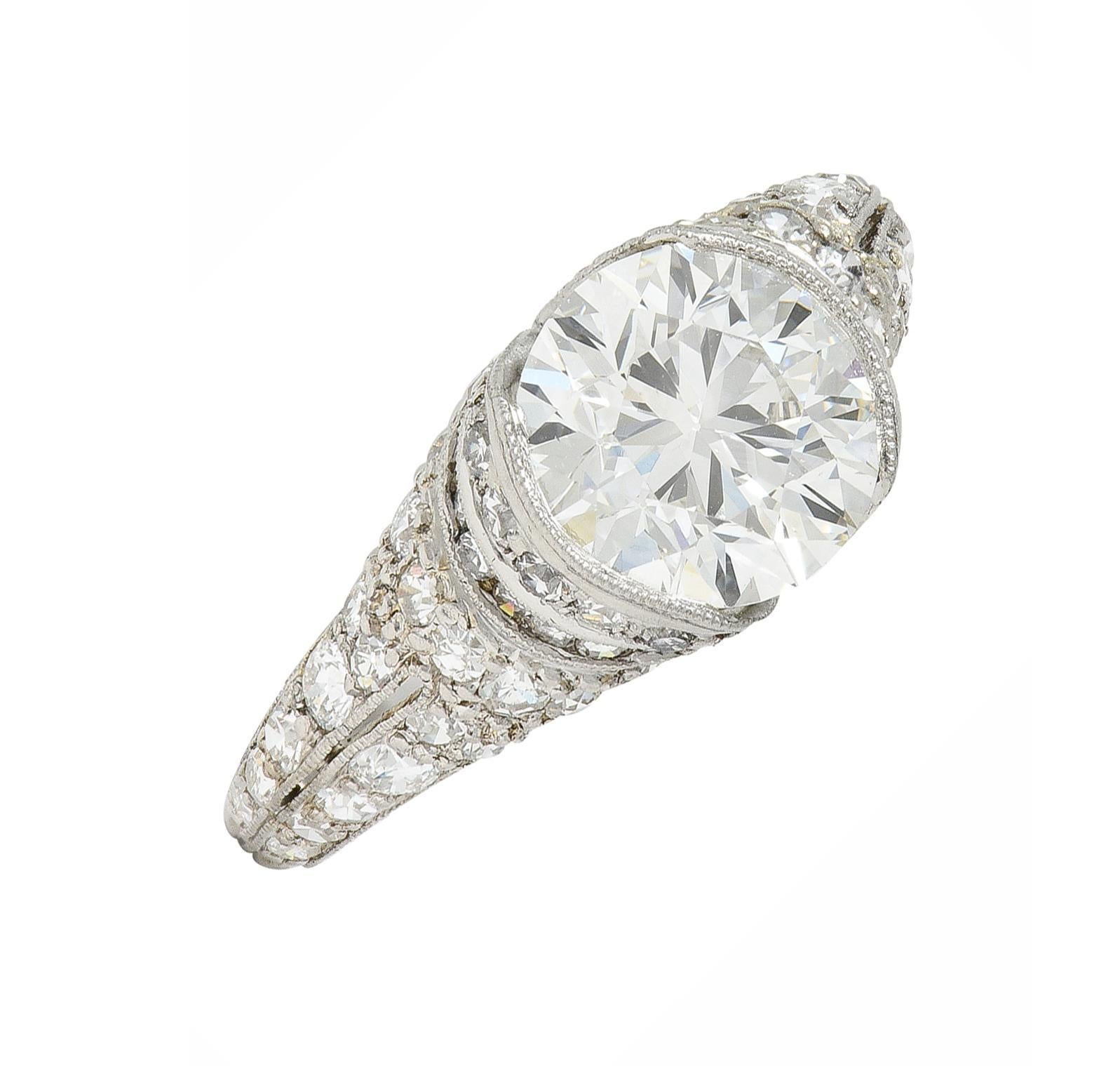 Art Deco 2.38 CTW Old European Diamond Platinum V Engagement Ring GIA For Sale 5
