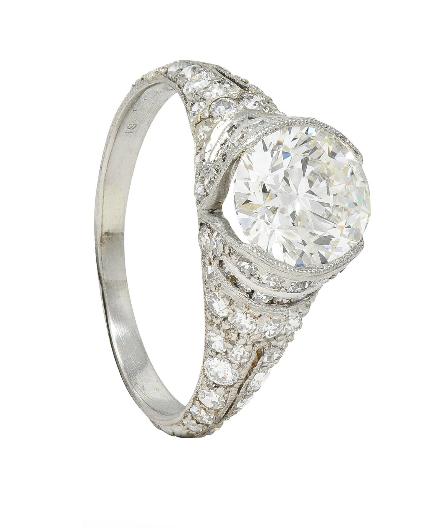 Art Deco 2.38 CTW Old European Diamond Platinum V Engagement Ring GIA For Sale 7