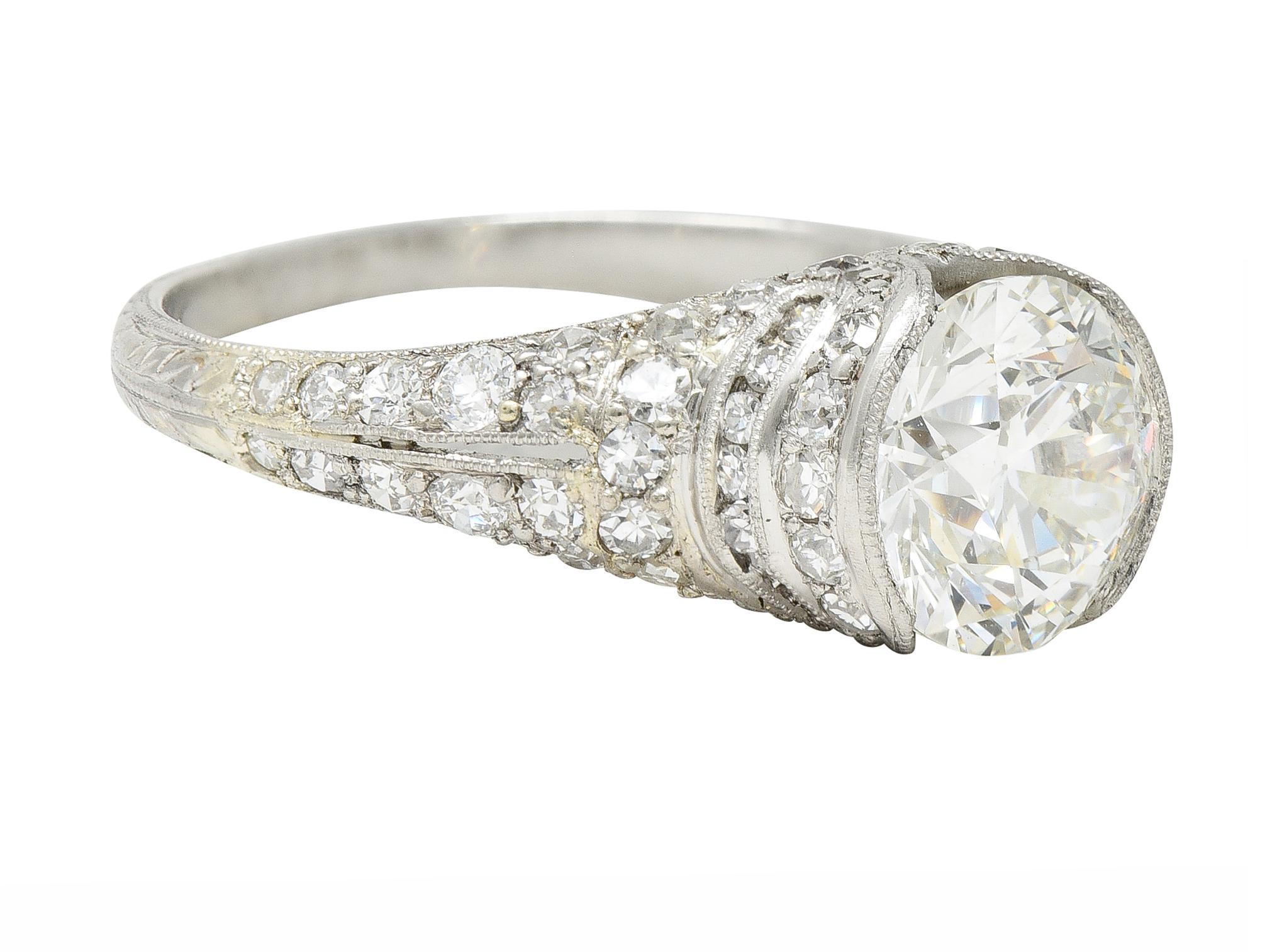 Art Deco 2.38 CTW Old European Diamond Platinum V Engagement Ring GIA In Excellent Condition For Sale In Philadelphia, PA