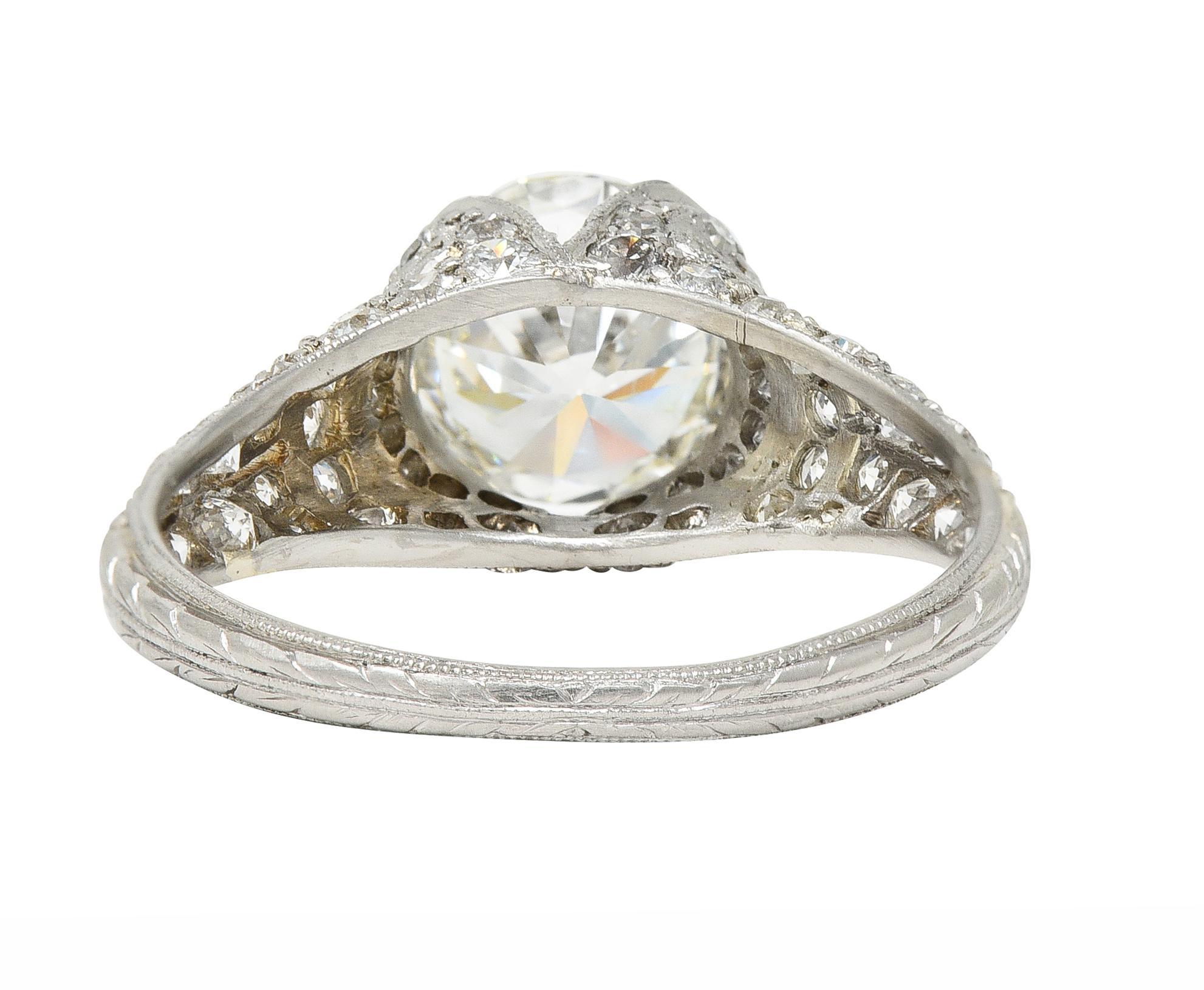 Art Deco 2.38 CTW Old European Diamond Platinum V Engagement Ring GIA For Sale 1