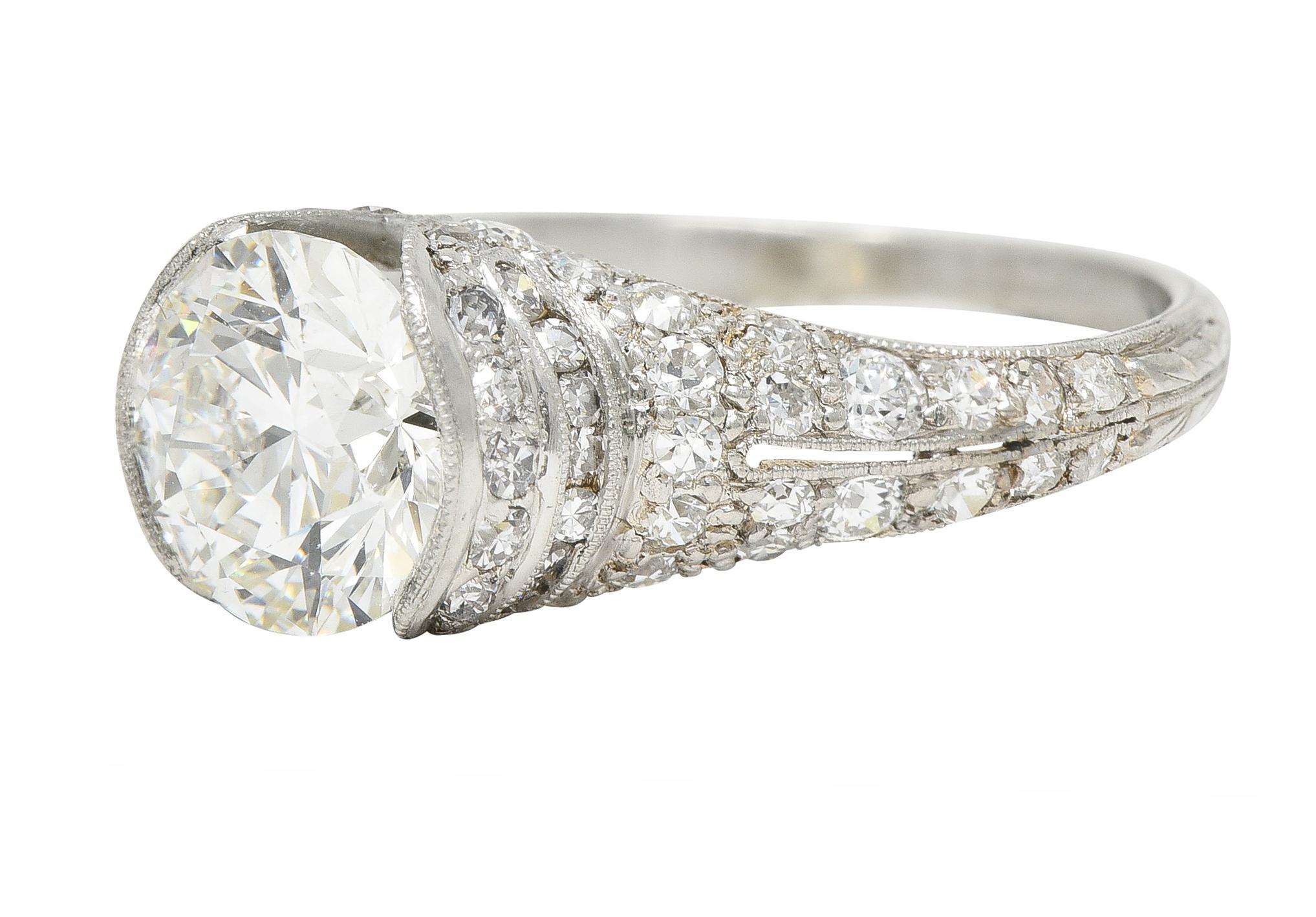 Art Deco 2.38 CTW Old European Diamond Platinum V Engagement Ring GIA For Sale 3