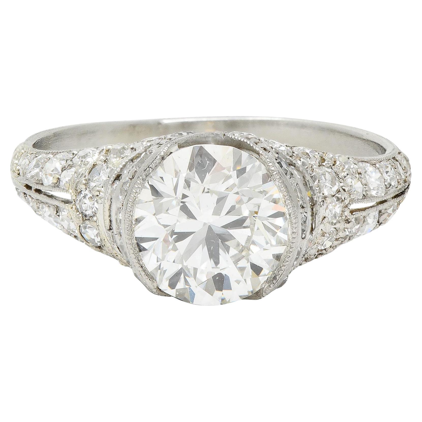 Art Deco 2.38 CTW Old European Diamond Platinum V Engagement Ring GIA For Sale
