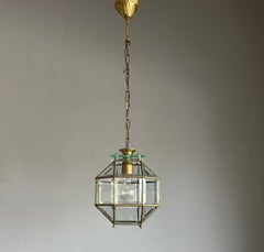 Art Deco 24 Beveled Glass Panels and Brass Pendant, Ceiling Light, Lantern 1920s