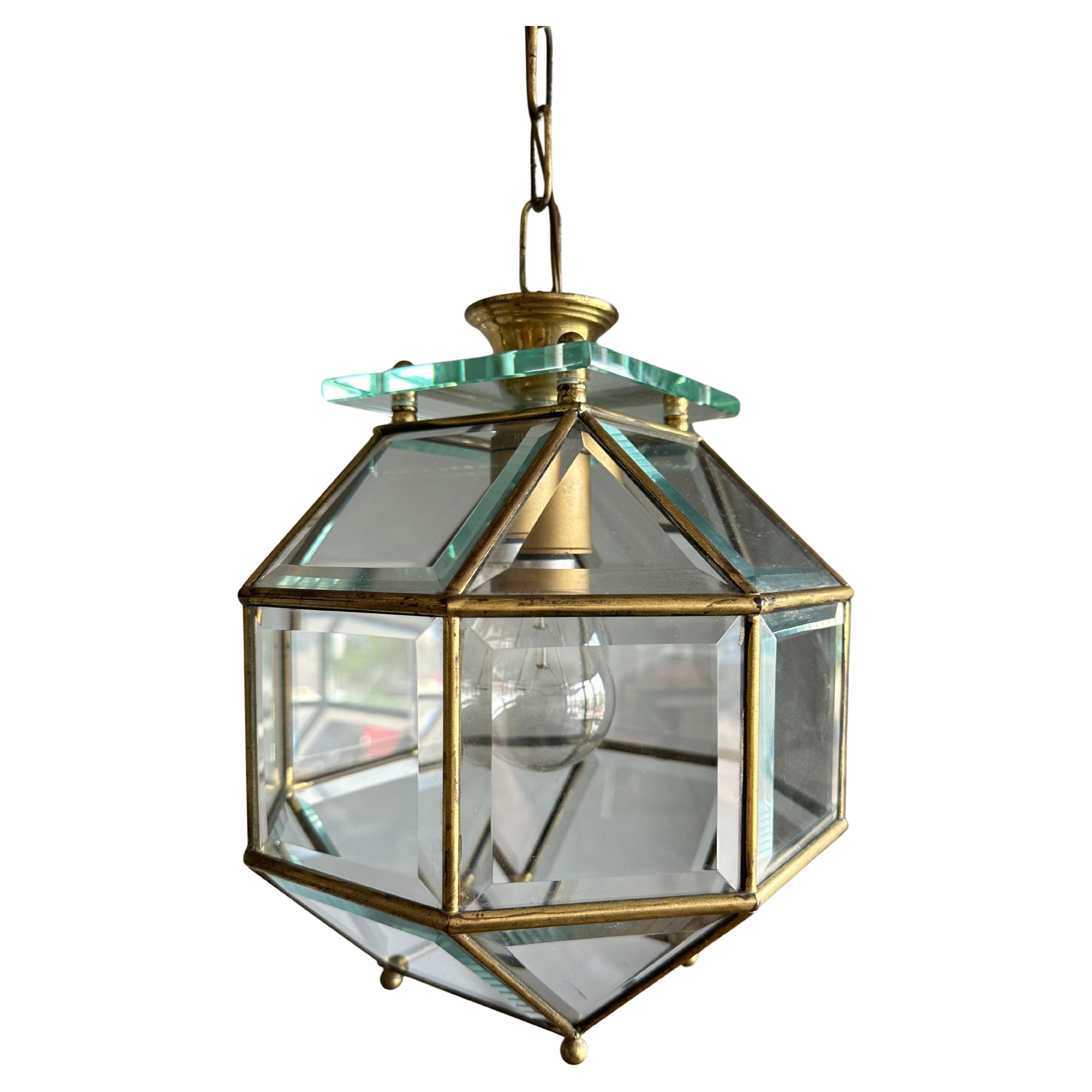 Art Deco 24 Beveled Glass Panels and Brass Pendant, Ceiling Light, Lantern 1920s