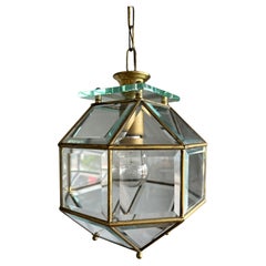 Antique Art Deco 24 Beveled Glass Panels and Brass Pendant, Ceiling Light, Lantern 1920s