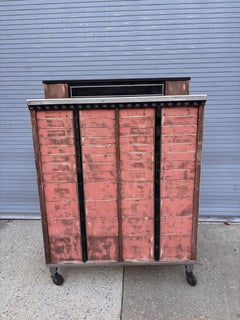 Art Deco 24 Drawer Dental Cabinet, Pink Distressed Wood, Glass, 1938