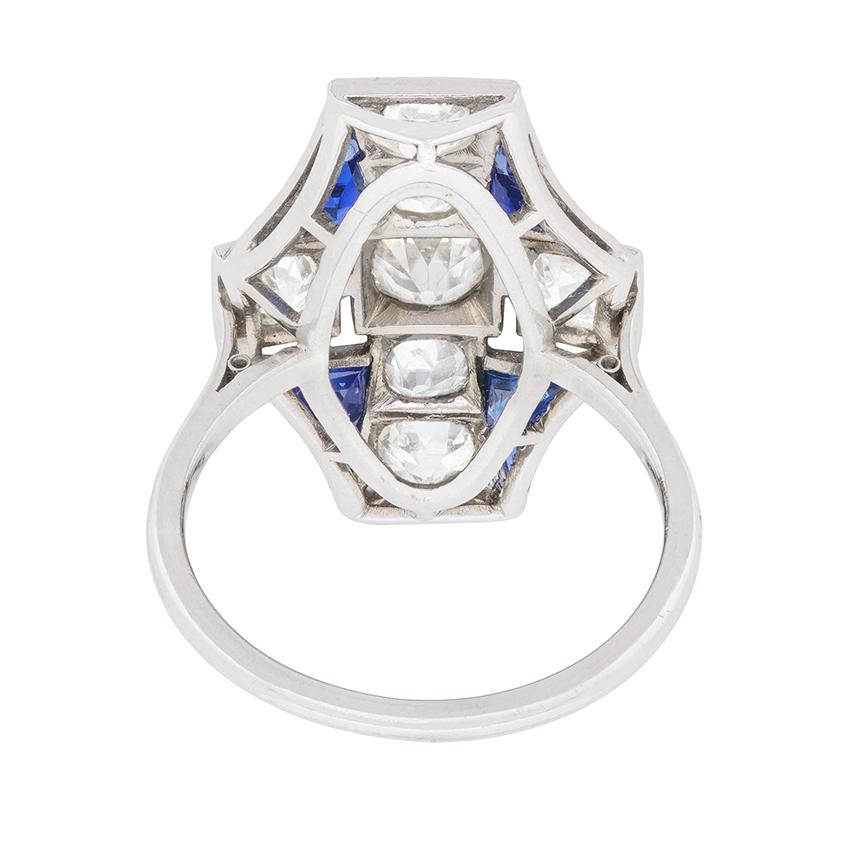 Baguette Cut Art Deco 2.40ct Diamond and Sapphire Cocktail Ring, circa 1920s For Sale