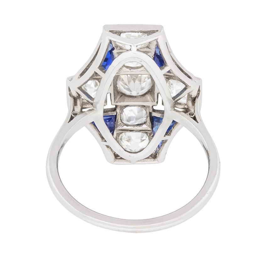 Baguette Cut Art Deco 2.40ct Diamond and Sapphire Dinner Ring, circa 1920s For Sale