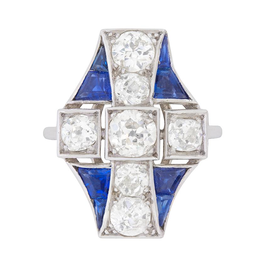 Art Deco 2.40ct Diamond and Sapphire Dinner Ring, circa 1920s For Sale