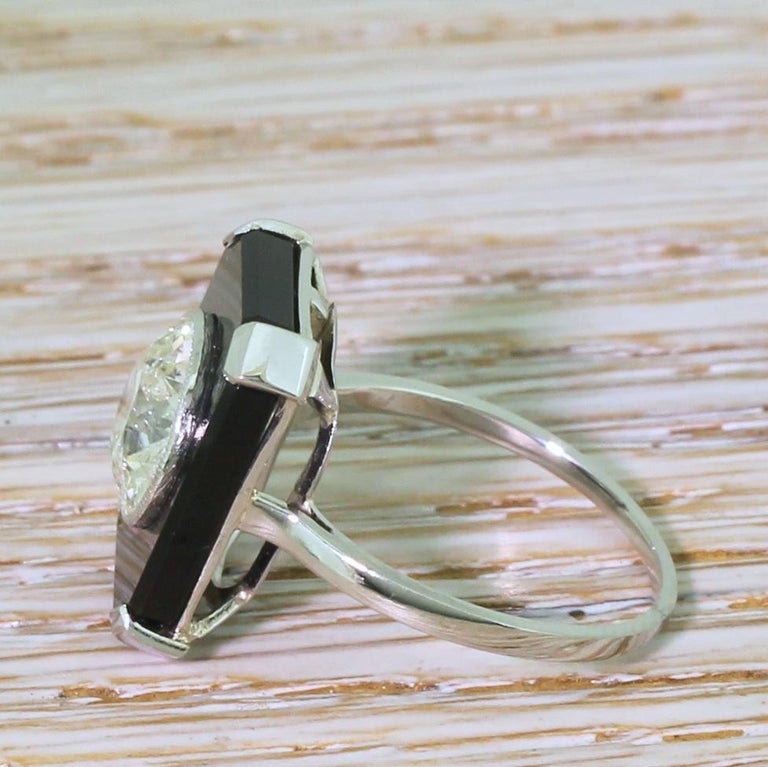 Art Deco 2.40 Carat Old Cut Diamond and Onyx 18 Karat White Gold Ring ...