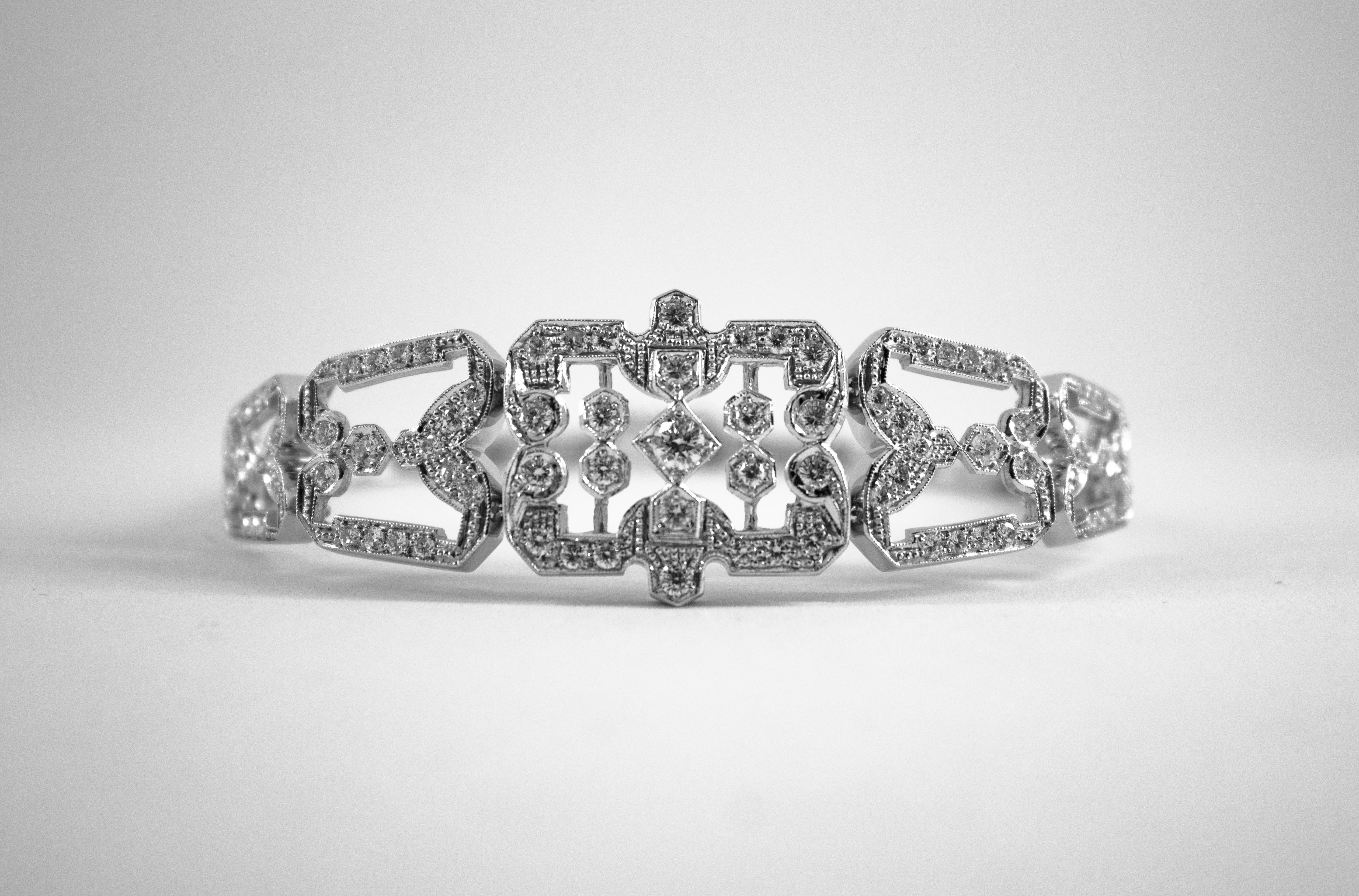 This Bracelet is made of 18K White Gold.
This Bracelet has 2.40 Carats of White Modern Round Cut Diamonds.
This Bracelet is inspired by Art Deco.

We're a workshop so every piece is handmade, customizable and resizable.