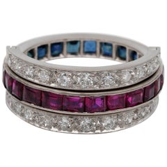 Vintage Art Deco 2.40 Carat Between Sapphire Ruby .90 Ct Diamond Night and Day Flip Ring