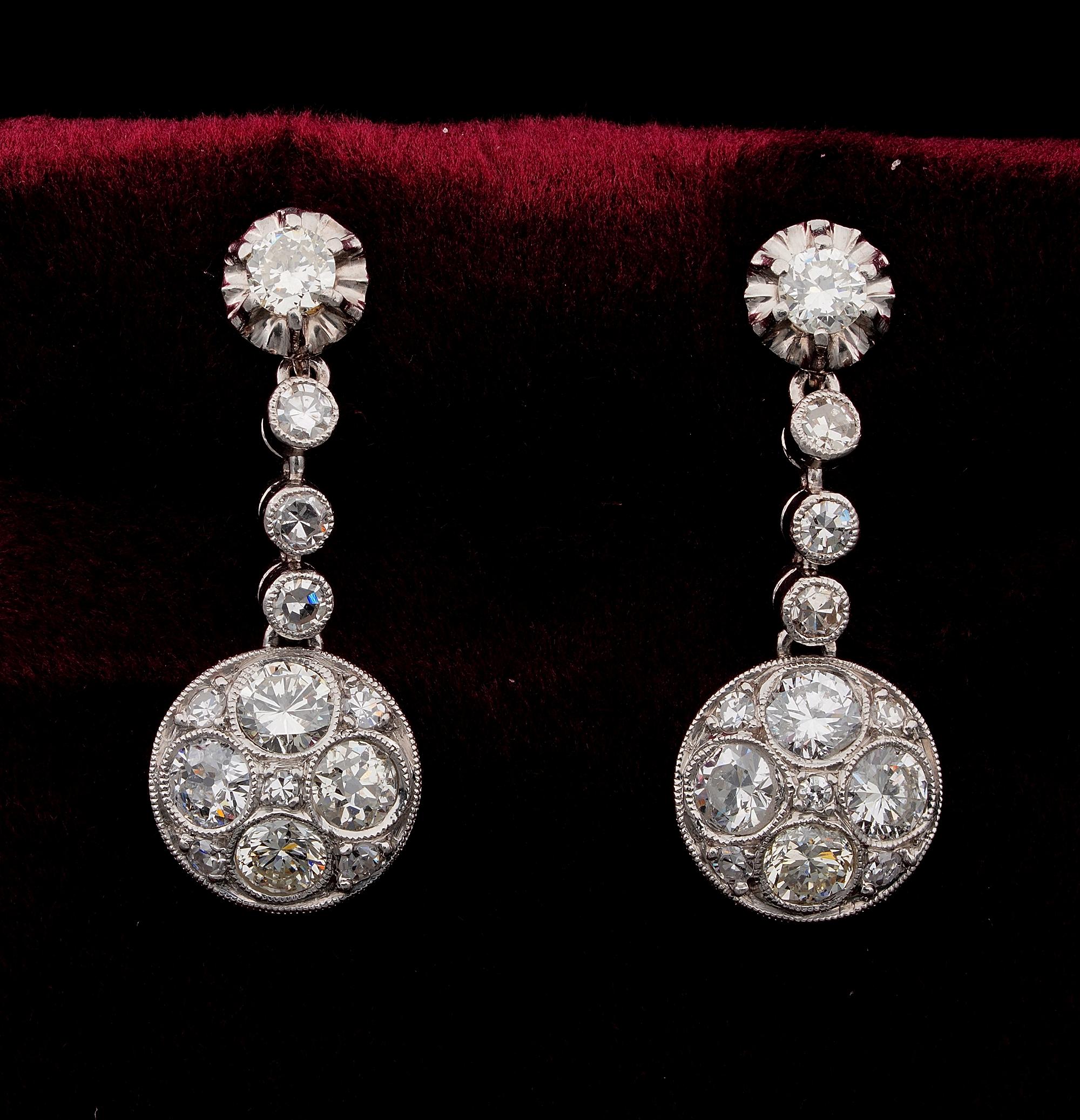 Old European Cut Art Deco 2.40 Ct. Diamond Platinum Charming Drop earrings For Sale