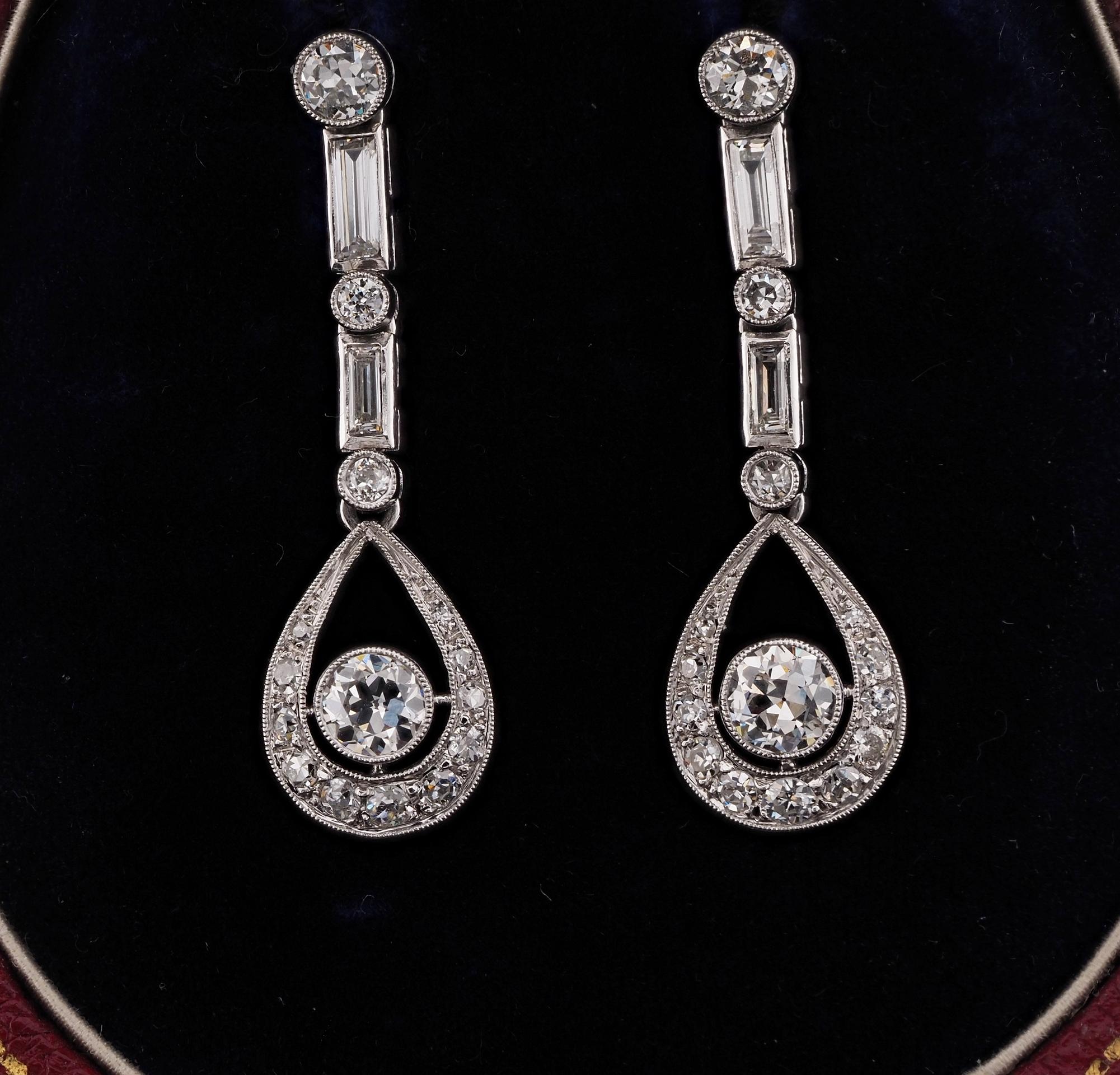 In the Twenties
These perfect length, truly charming, authentic Art Deco Diamond drop earrings, are the epitome of eternal elegance
Utterly beautiful design, superbly hand made as unique during the 20’s of solid Platinum, marked
Loaded throughout