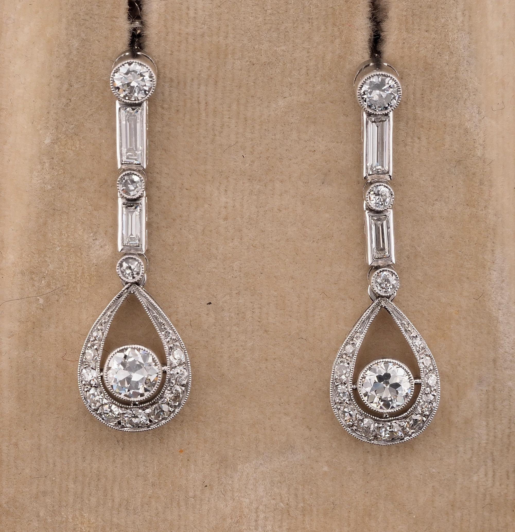 Old European Cut Art Deco 2.40 Ct Diamond Platinum Drop Earrings For Sale
