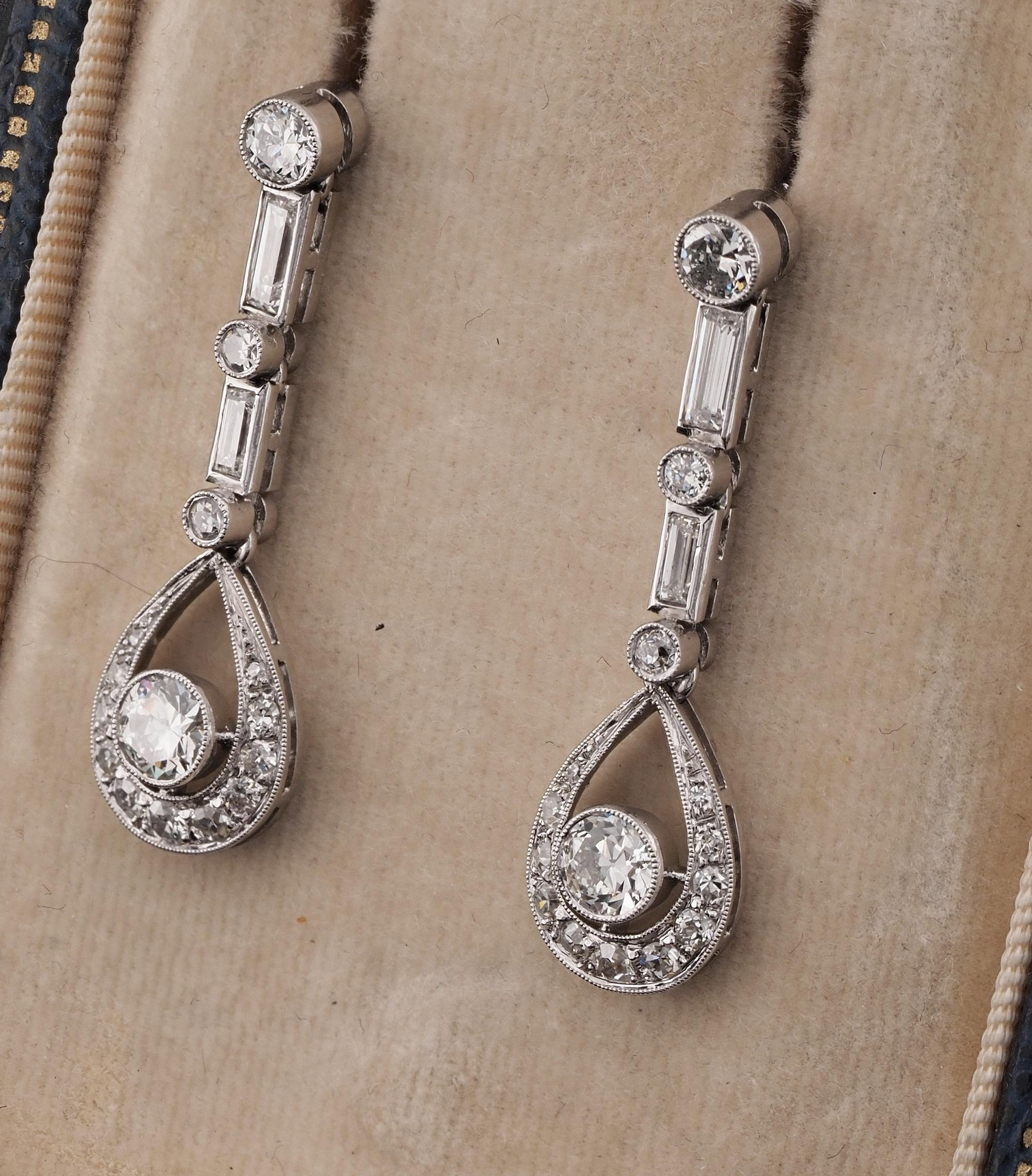 Art Deco 2.40 Ct Diamond Platinum Drop Earrings For Sale 2