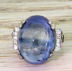 Art Deco 24.02 Carat Natural Ceylon Cabochon Sapphire Ring
