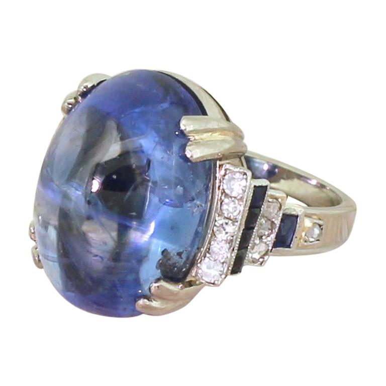 Art Deco 24.02 Carat Natural Ceylon Cabochon Sapphire Ring For Sale