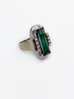 Art Deco 2, 40ct Green Tourmaline Diamond Rectangle 14K Gold Cocktail Ring