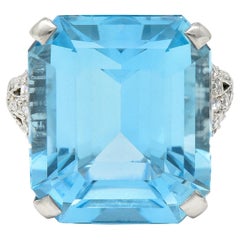 Art Deco 24.10 Carats Aquamarine Diamond Platinum Cocktail Ring