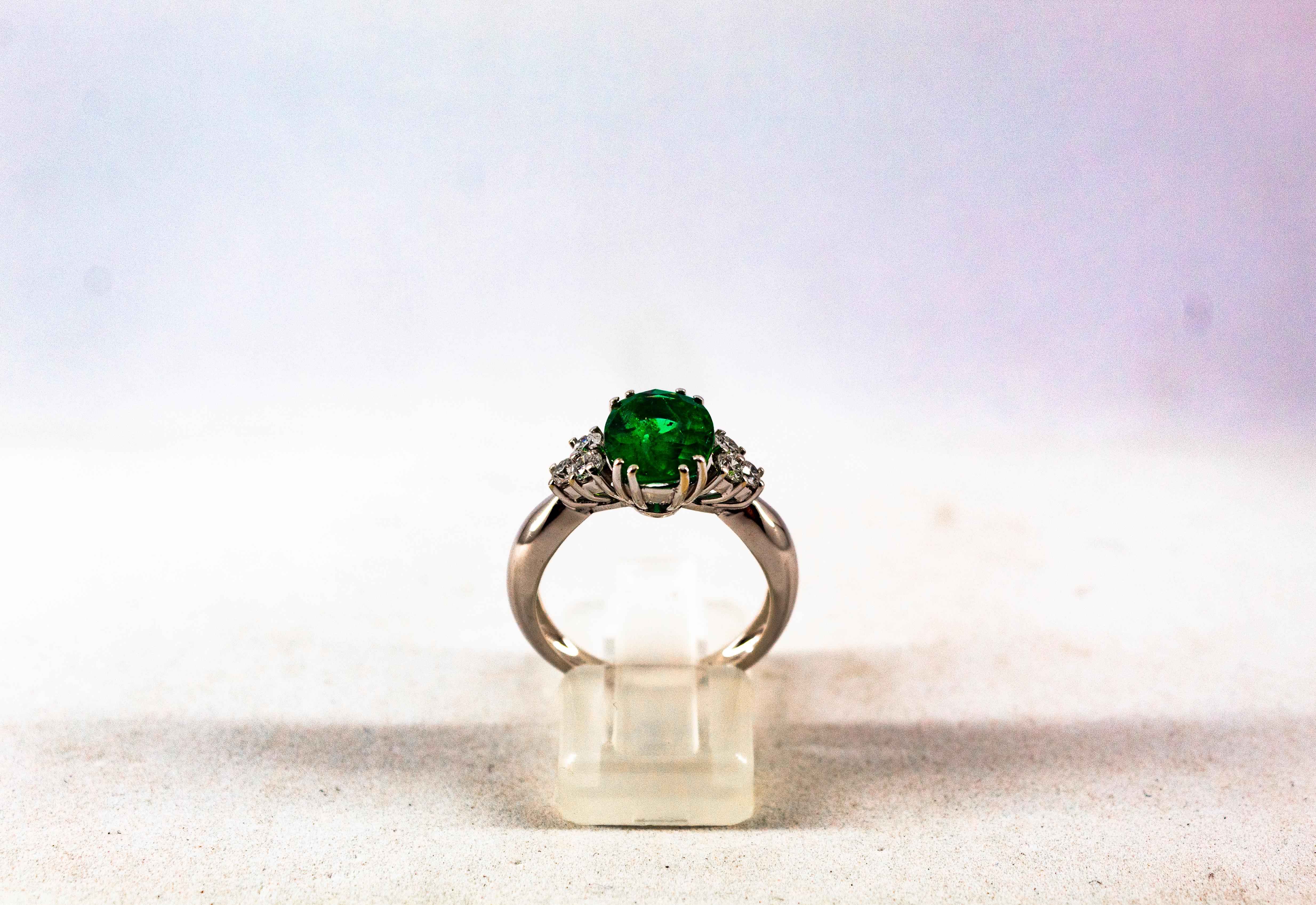 Round Cut Art Deco Style 2.43 Carat Emerald 0.35 Carat Diamond White Gold Cocktail Ring