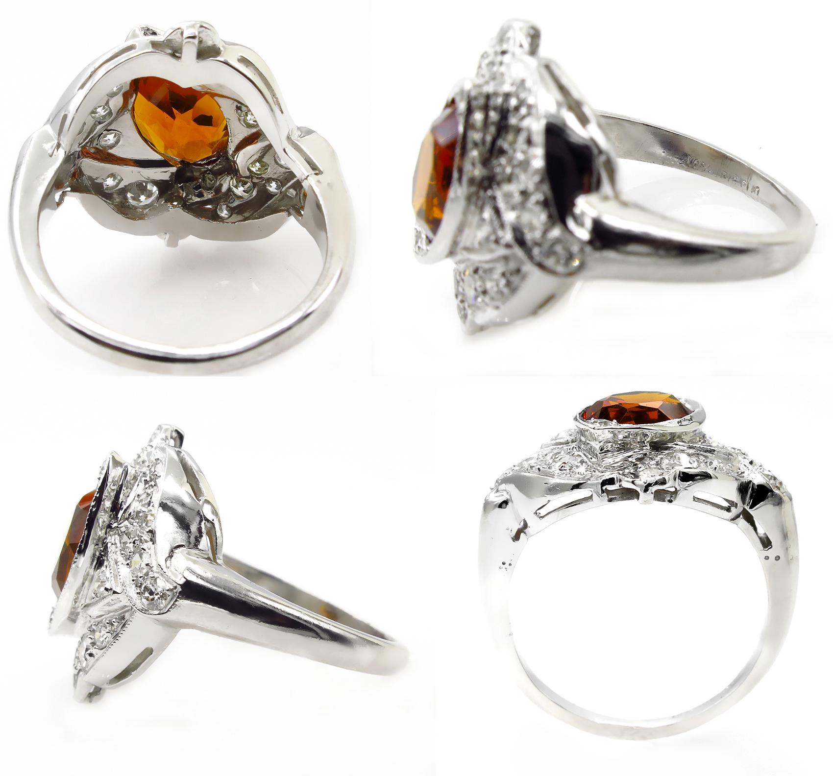 Art Deco 2.43ct Old European Antique Vintage Citrine and Diamond Platinum Ring In Good Condition For Sale In New York, NY