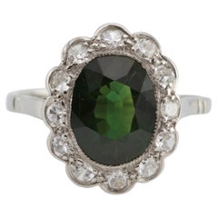 Antique Art Deco 2.45 Carat Green Sapphire Diamond 14 Karat White Gold Cluster Ring